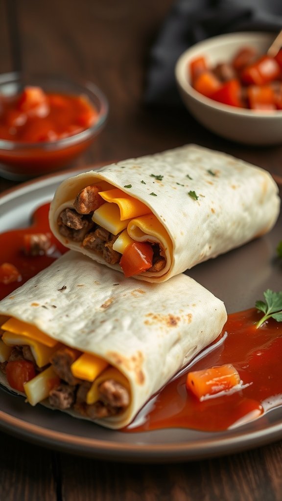 Delicious air fryer breakfast burritos filled with eggs, cheese, and sausage, served with salsa.