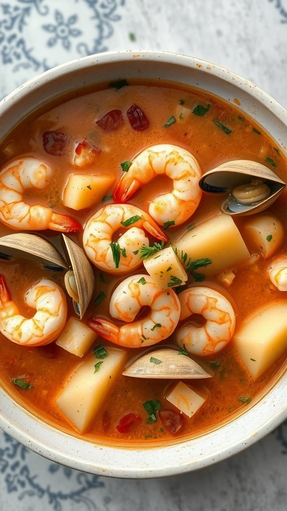 A bowl of seafood chowder with shrimp, clams, and potatoes, garnished with parsley.