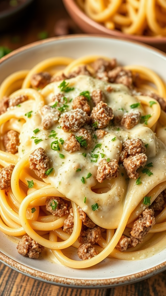 Cheesy Ground Beef Alfredo Pasta