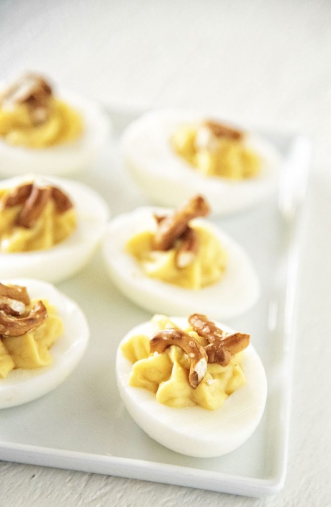 Honey Mustard Pretzel Deviled Eggs