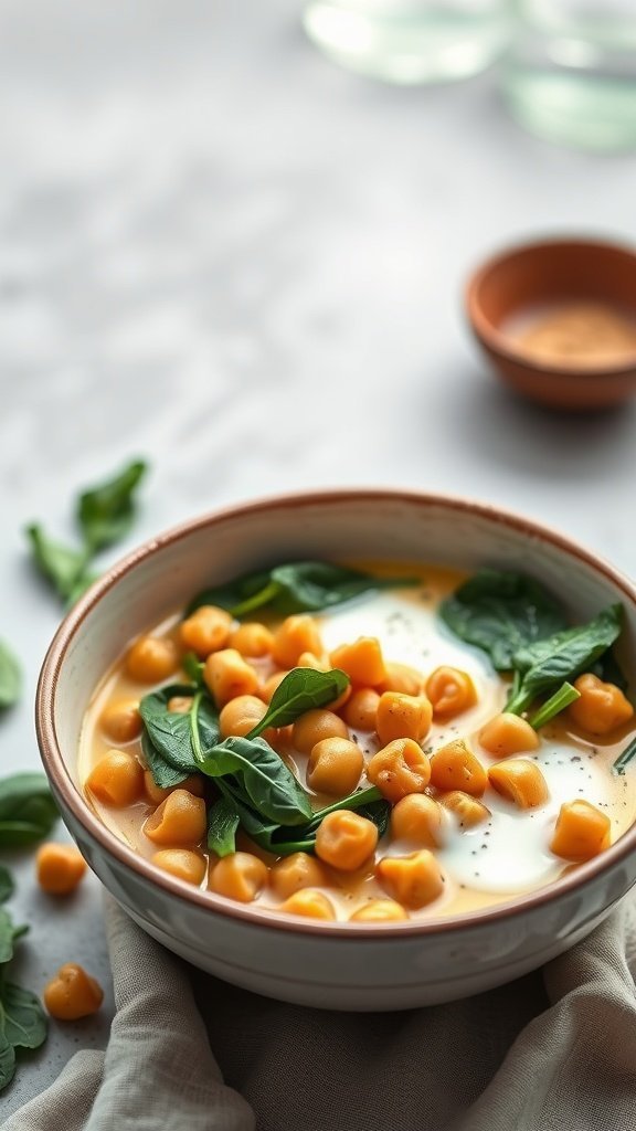 A delicious coconut curry chickpea bowl with spinach.