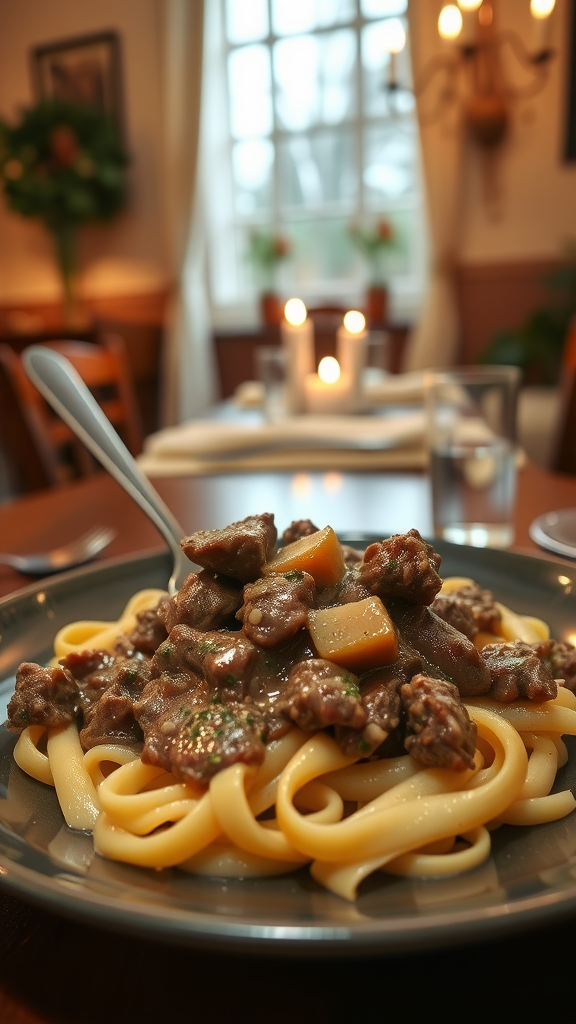 A plate of beef stroganoff served over egg noodles, set in a cozy dining environment.