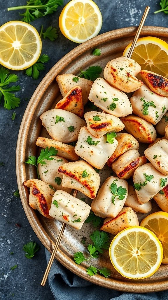 Grilled Chicken Skewers garnished with herbs and lemon slices