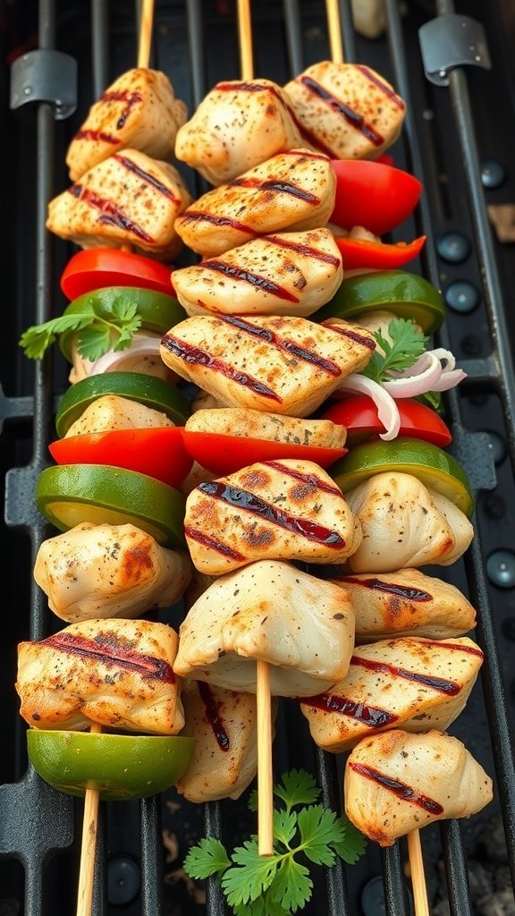 Grilled chicken skewers with colorful vegetables