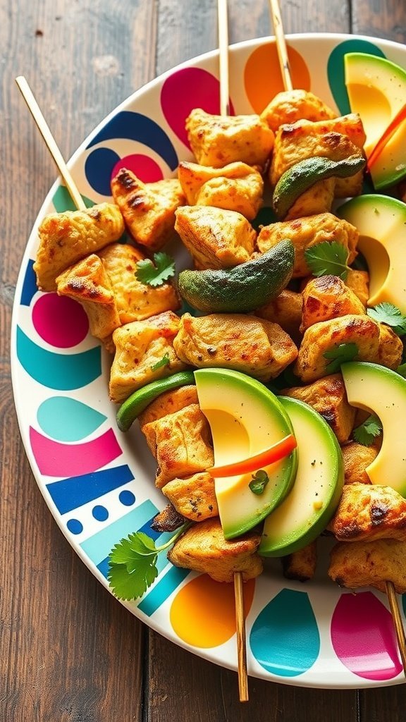 Colorful southwestern chicken skewers with avocado and vegetables.