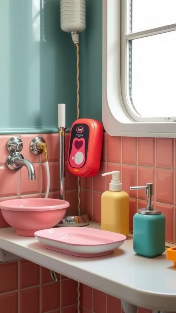 A colorful retro inspired bathroom sink area with vintage accessories.