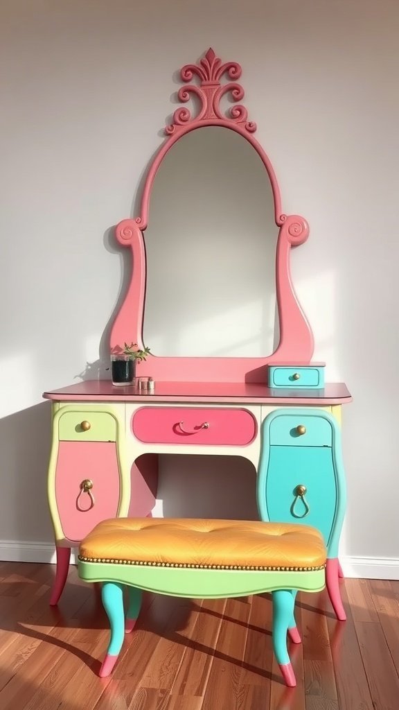 A colorful retro vanity set featuring pink and aqua with a golden mirror and an orange bench.