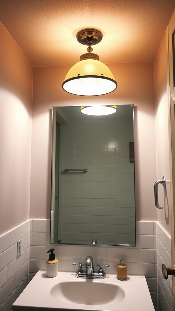 A retro-inspired bathroom light fixture with a yellow shade.