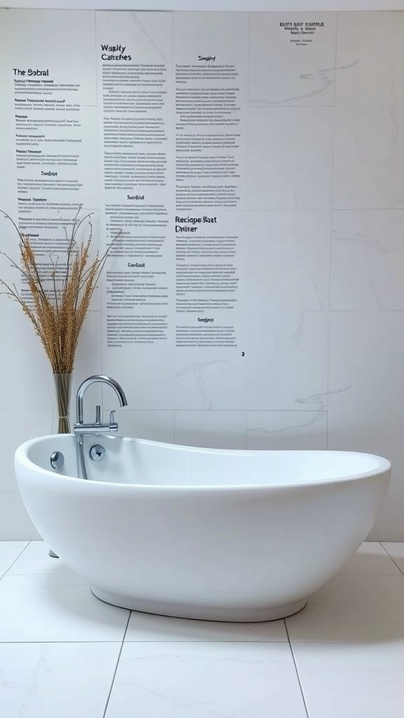 A sculptural white bathtub with a modern design, set against a minimalist tiled wall.