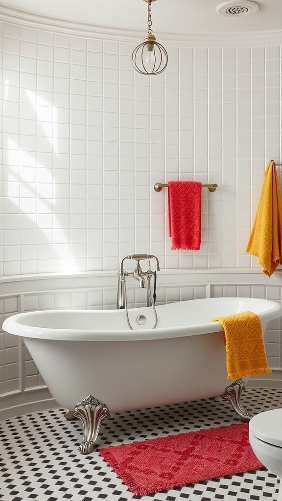 A stylish freestanding bathtub in a retro-inspired bathroom with colorful towels.