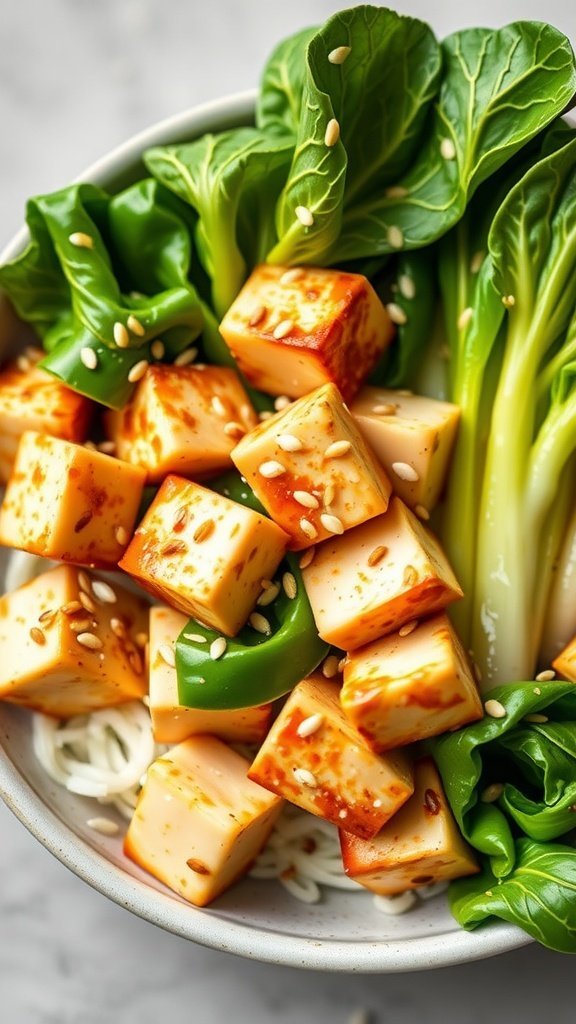 A bowl filled with marinated tofu, bok choy, and fresh greens