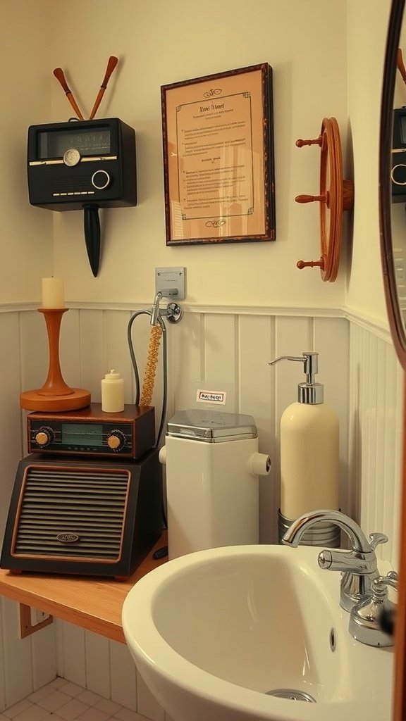 A retro-inspired bathroom featuring vintage radio and wall decor.