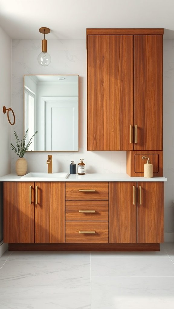 Mid-century modern bathroom cabinetry with wooden finish and gold accents