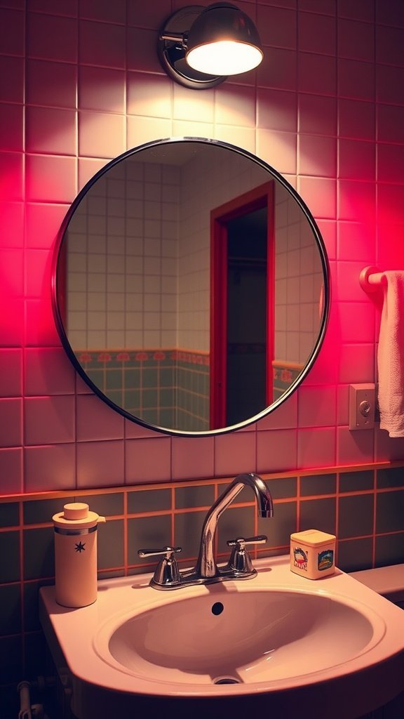 A retro bathroom featuring a round mirror and colorful tiles.