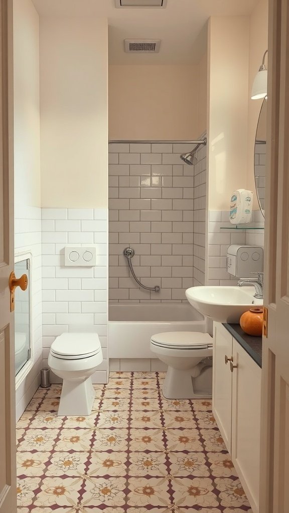 A retro inspired bathroom featuring patterned linoleum floors with floral designs.