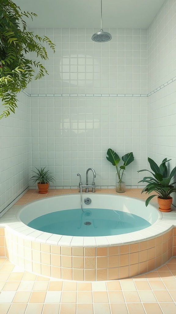 A sunken tub with a light blue interior, surrounded by white tiled walls and potted plants.