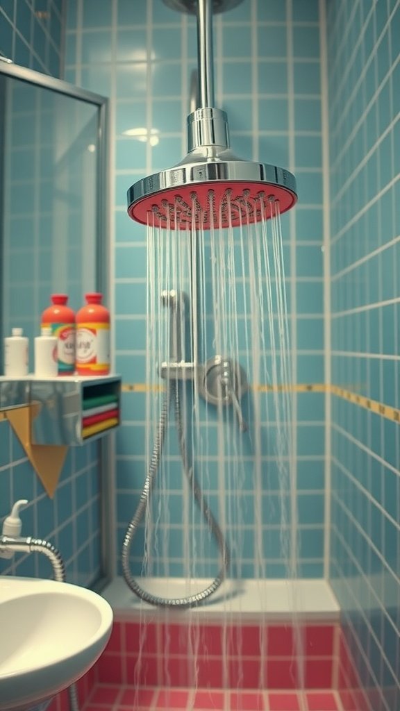 A colorful retro-style showerhead in a vibrant tiled bathroom.