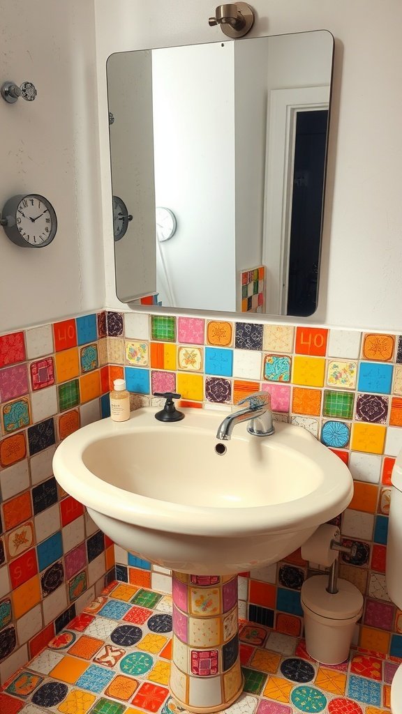 A unique sink design with a colorful tiled base, surrounded by bright tiles on the walls and floor.