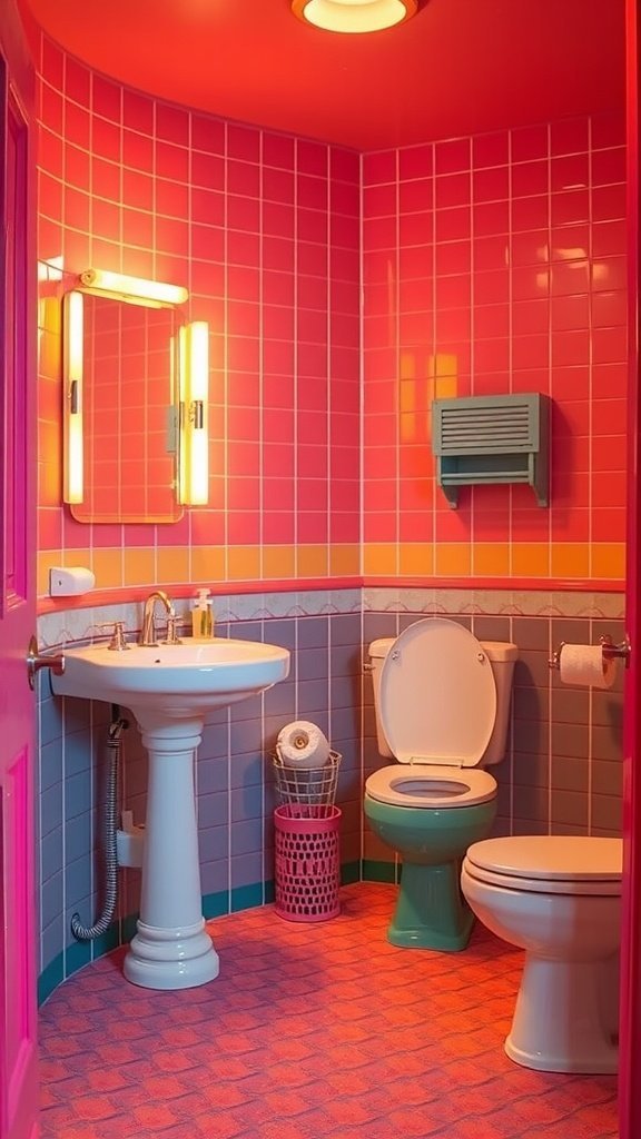 A retro-inspired colorful bathroom with pink tiles, turquoise fixtures, and bright lighting.