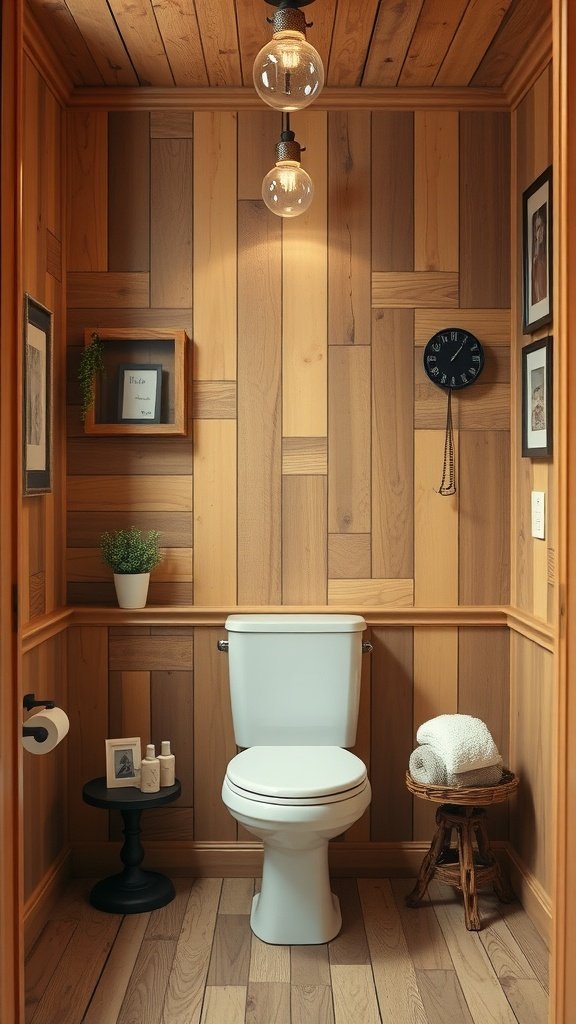 A cozy bathroom featuring wood paneling on the walls, complemented by simple decor.