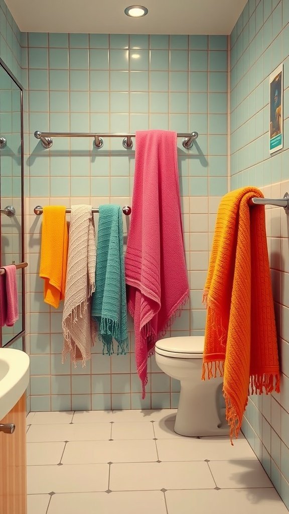 Brightly colored towels hanging on towel racks in a retro-inspired bathroom.