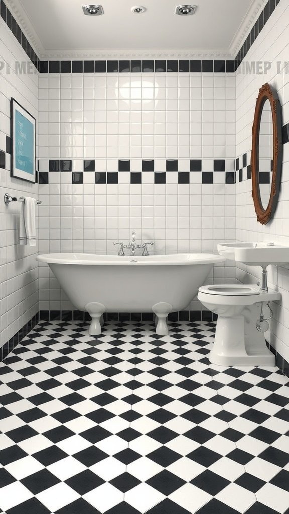 Retro inspired bathroom with checkerboard tile flooring