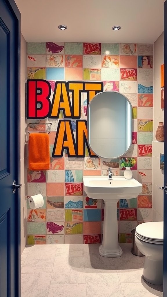 A bathroom featuring colorful wall art with the word 'BATTAN' and a retro-inspired tiled wall.