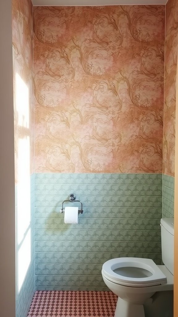 A bathroom featuring vintage floral wallpaper with roses and greenery.