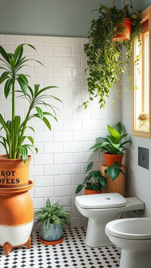 A stylish bathroom with various indoor plants, including a tall potted plant and hanging ferns.