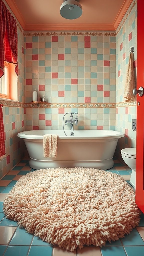 A retro bathroom featuring a shaggy bath mat in a cozy design, with colorful tiled walls.