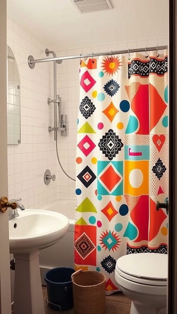 A colorful retro shower curtain with geometric patterns in a bathroom setting.