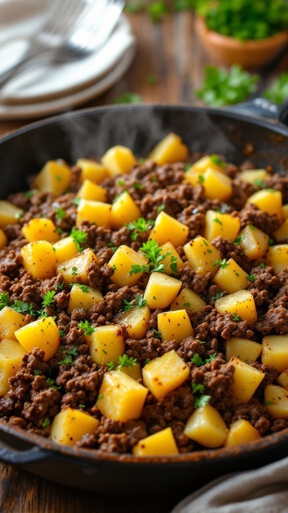 Ground beef and diced potato skillet served in a rustic pan, garnished with herbs, ready to eat on a wooden table.