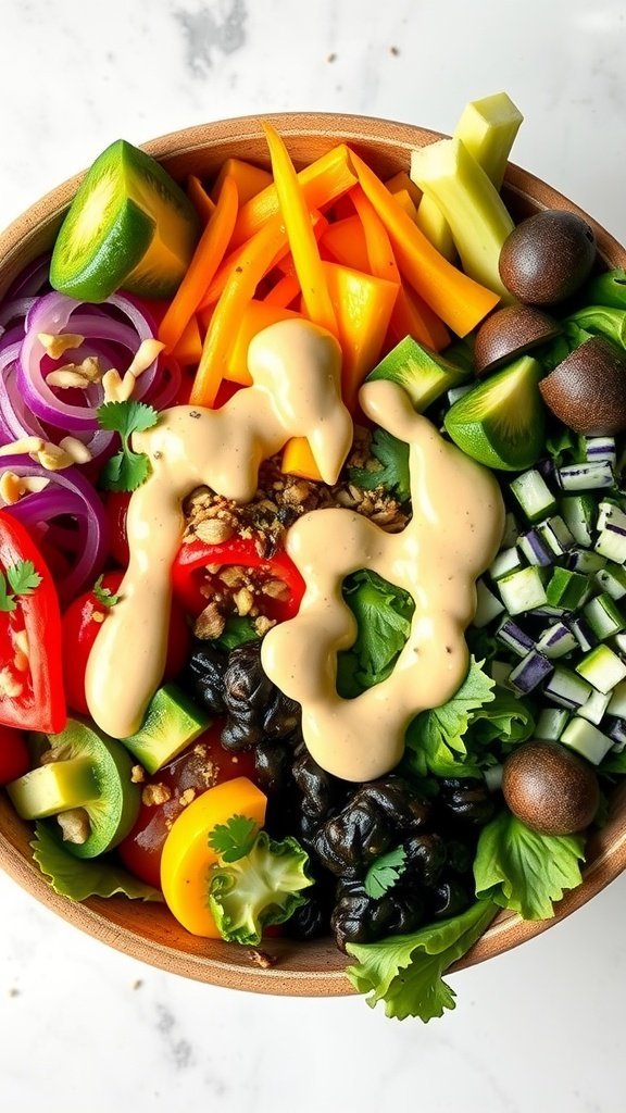 A colorful bowl filled with roasted vegetables and hummus.