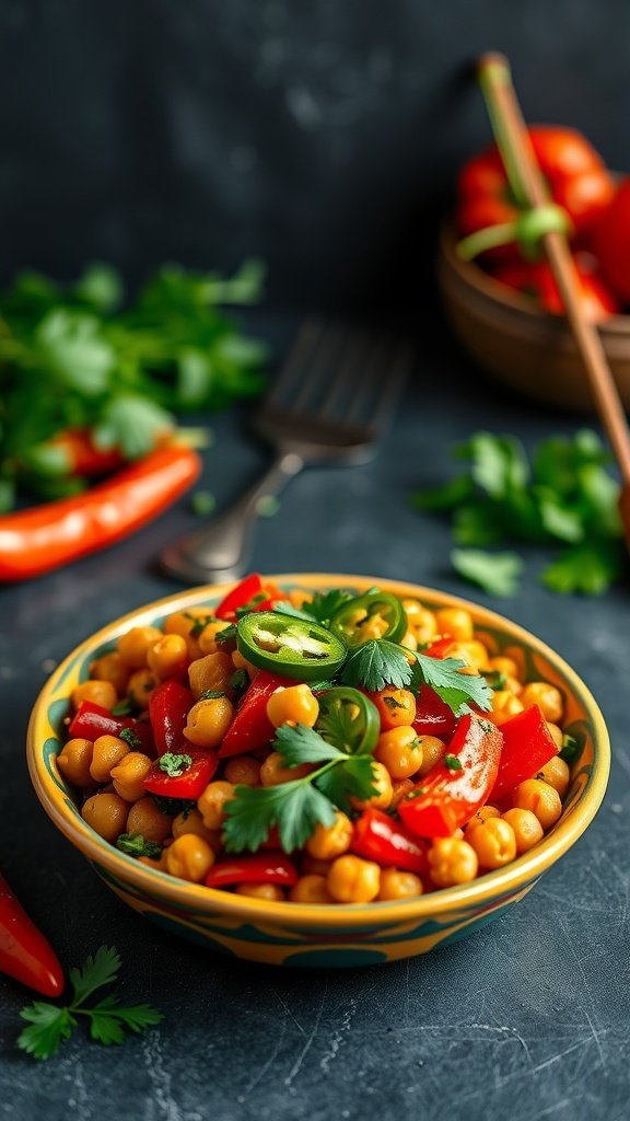 A vibrant spicy chickpea salad with roasted red peppers and fresh herbs.