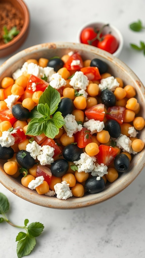 A vibrant Mediterranean chickpea salad featuring chickpeas, cherry tomatoes, olives, and feta cheese.