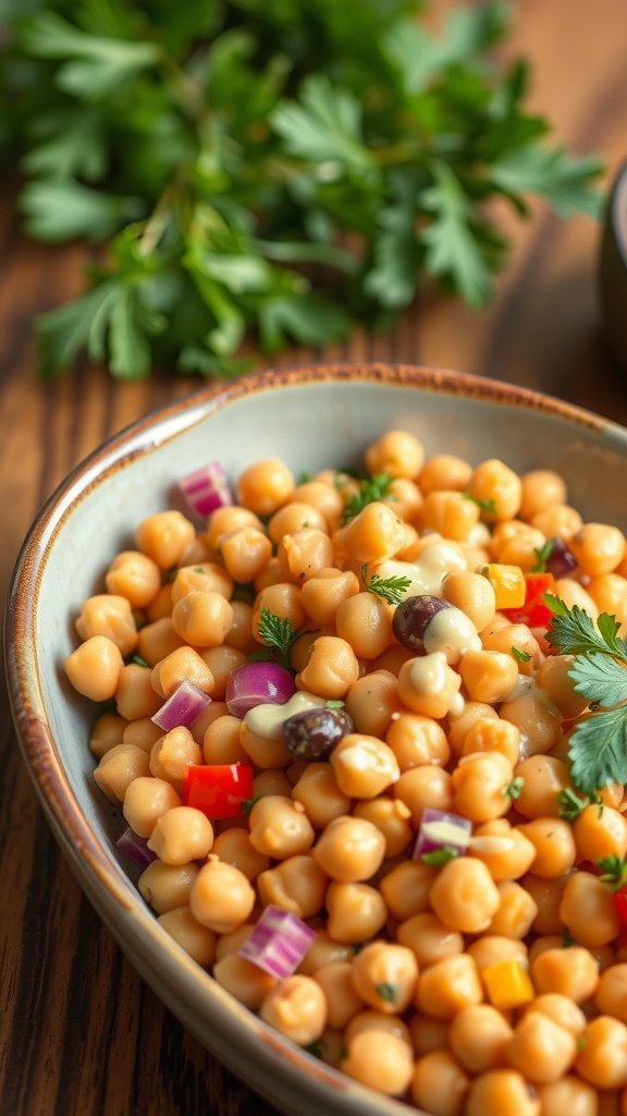 Chickpea salad featuring colorful vegetables and tahini dressing.