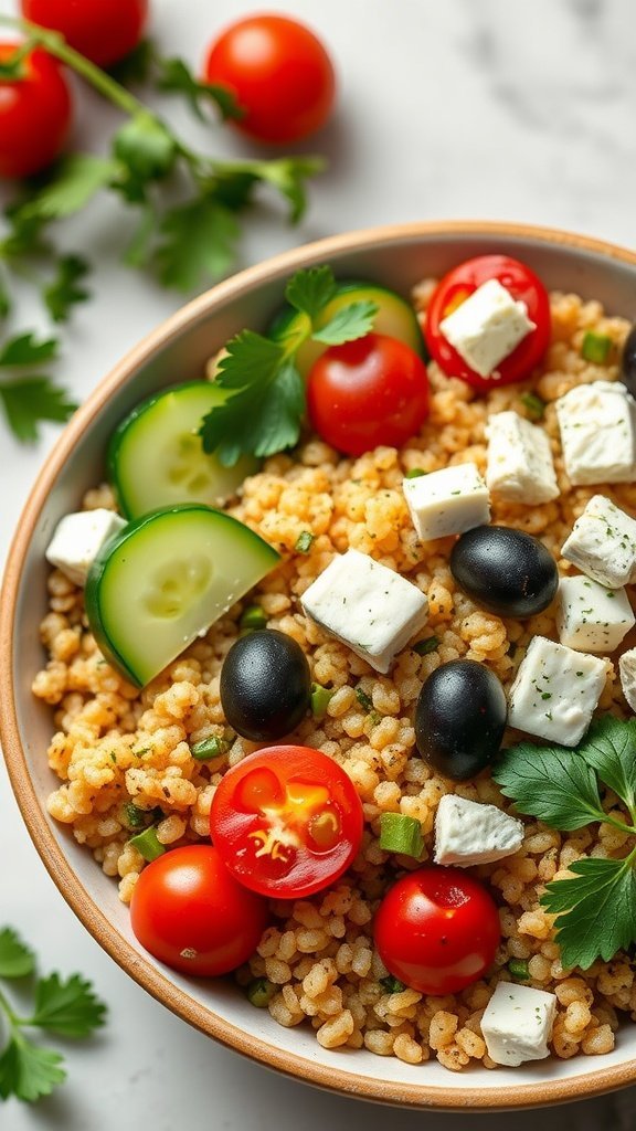 Mediterranean Quinoa Bowl with vegetables and feta cheese.