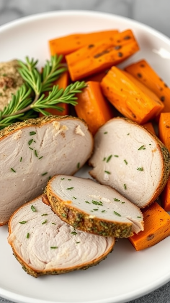 A plate featuring sliced herbed pork tenderloin alongside roasted sweet potatoes, garnished with fresh herbs.