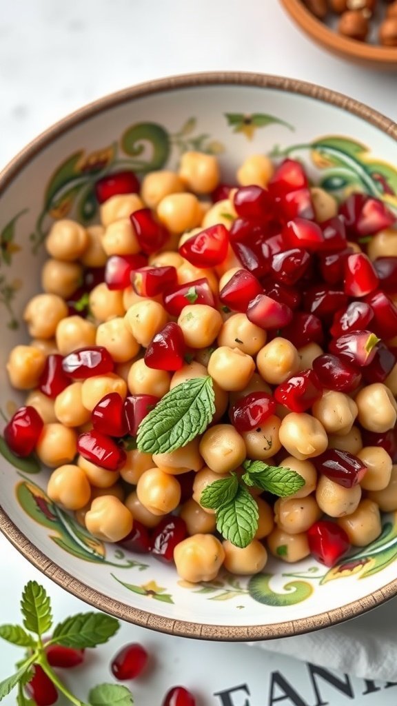 Chickpea salad with pomegranate seeds and mint leaves in a decorative bowl