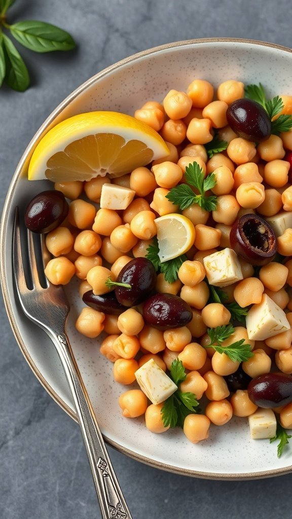 A Mediterranean Chickpea Salad with artichokes, olives, and feta cheese, garnished with lemon wedges.