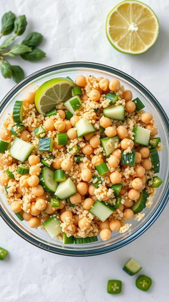 A bowl of Quinoa and Chickpea Salad with Cucumber.