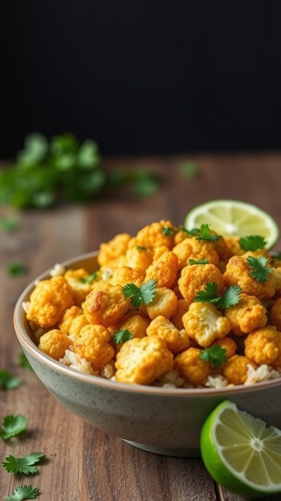 A vibrant Curried Cauliflower and Brown Rice Bowl with roasted cauliflower, fresh cilantro, and lime wedges.