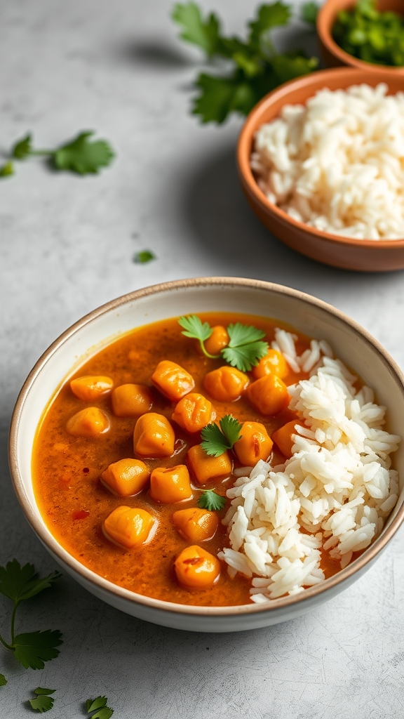 A bowl of chickpea curry with coconut milk served alongside rice and garnished with fresh cilantro.