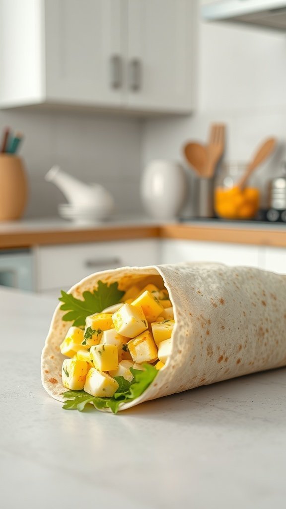 A close-up of a tortilla wrap filled with egg salad and fresh greens.