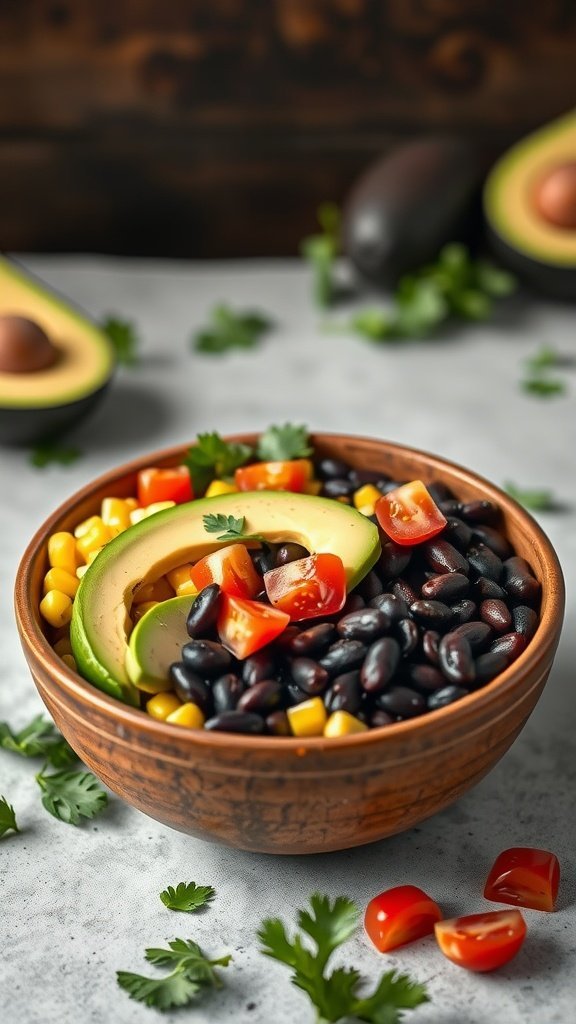 A nutritious Southwestern Black Bean Bowl with black beans, corn, avocado, and tomatoes