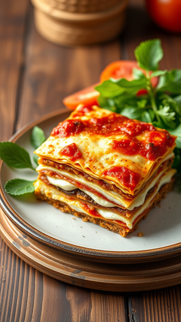 A plate of classic lasagna with ricotta cheese, served with fresh parsley and tomato slices.