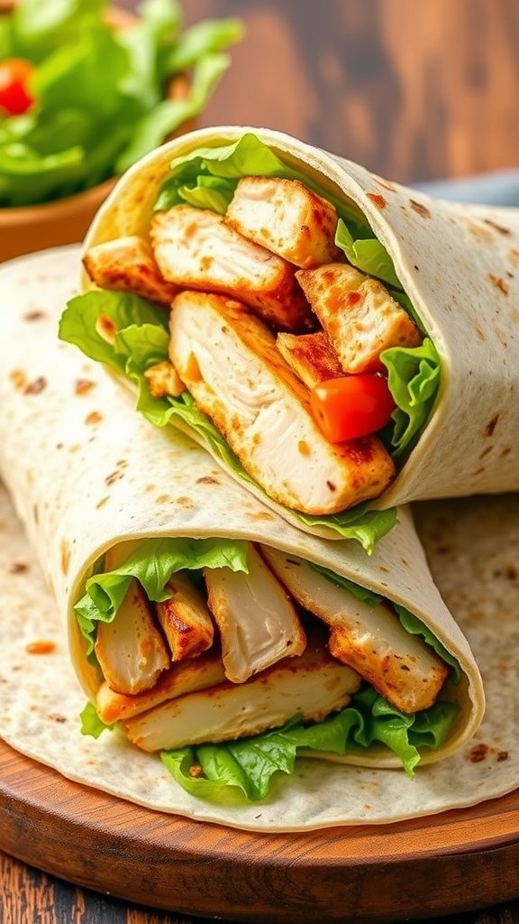 A delicious spicy chicken caesar wrap with fresh ingredients