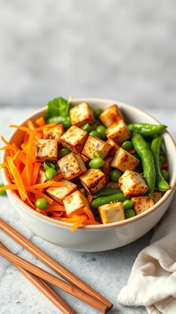 A colorful Miso Ginger Tofu Bowl featuring crispy tofu, edamame, carrots, and sugar snap peas.