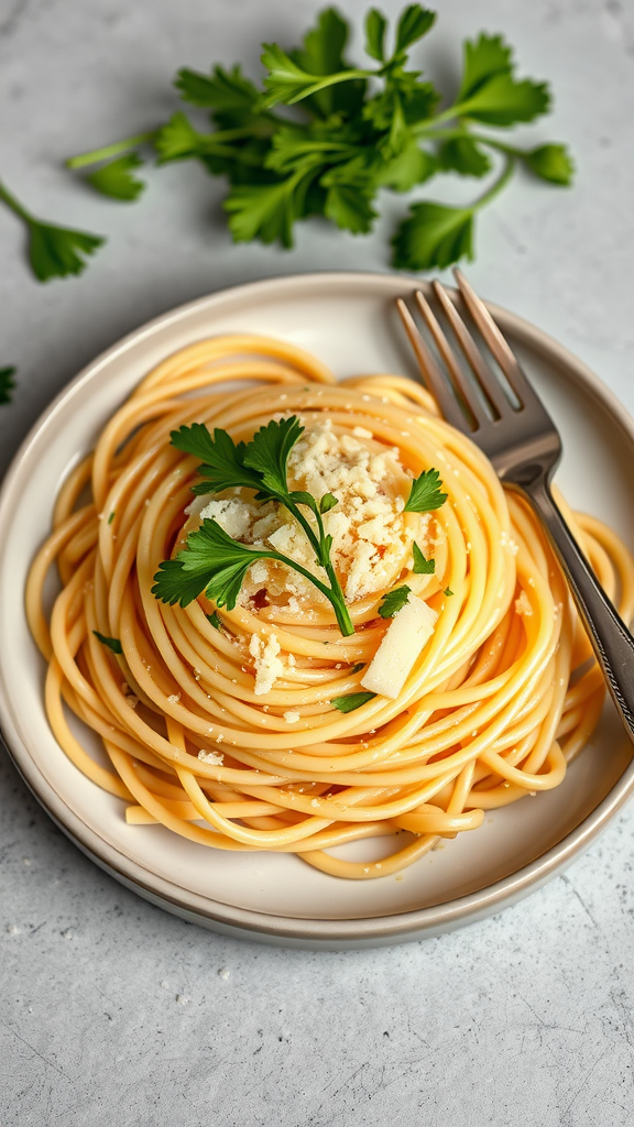 Plate of spaghetti carbonara garnished with fresh parsley and cheese