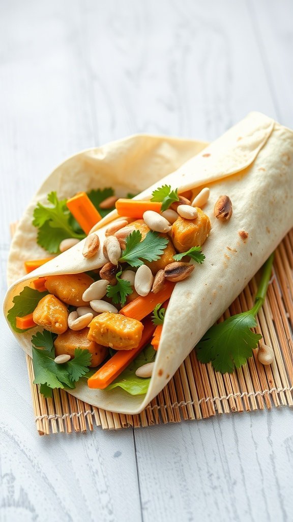 A delicious Thai Peanut Chicken Wrap filled with chicken, carrots, and peanuts.